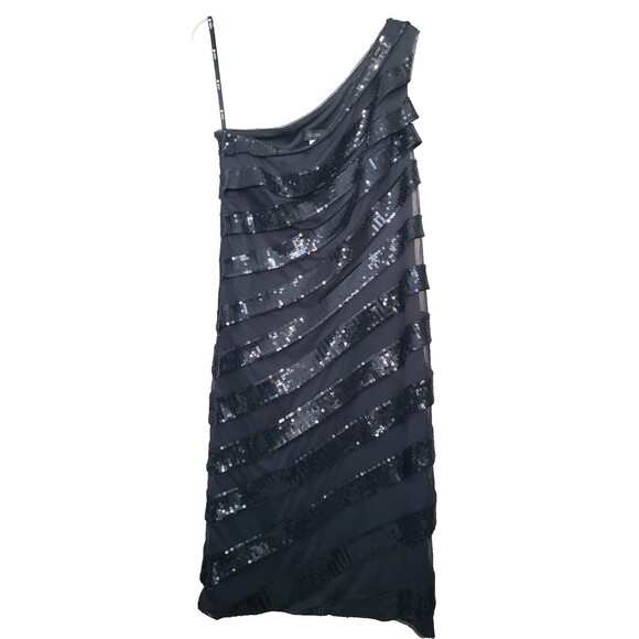 Tadashi Shoji Black Mesh Sequin One Shoulder Dress Cocktail Formal Party Size 8 - Picture 1 of 7